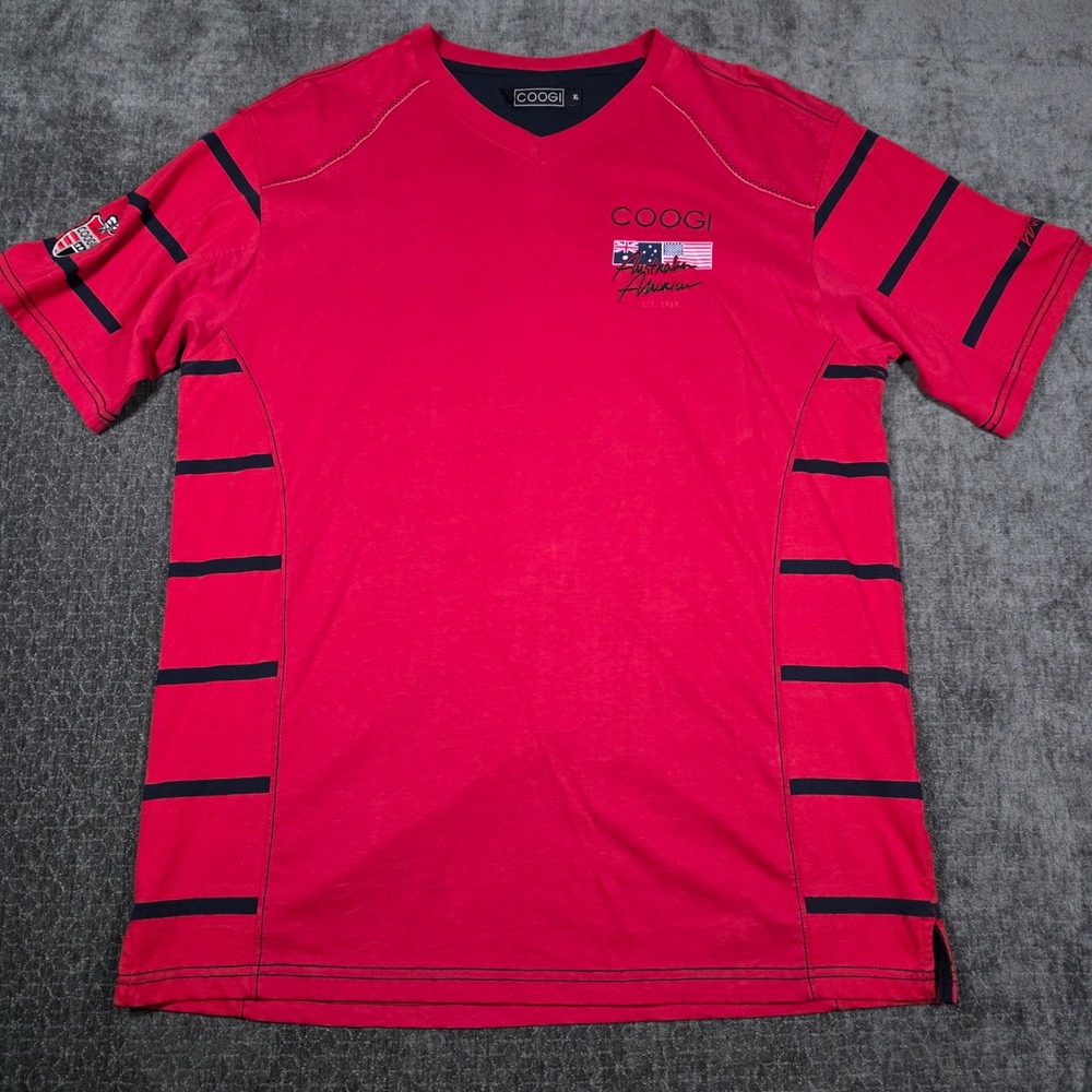 Coogi Australia America Heritage & Luxury V-Neck T-Shirt Red Navy Mens XL Rap